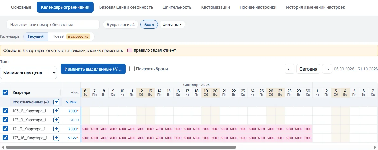 «Календарь ограничений» в кабинете Redata: минимальная цена по четырём квартирам и подсветка дат, где ограничение задано