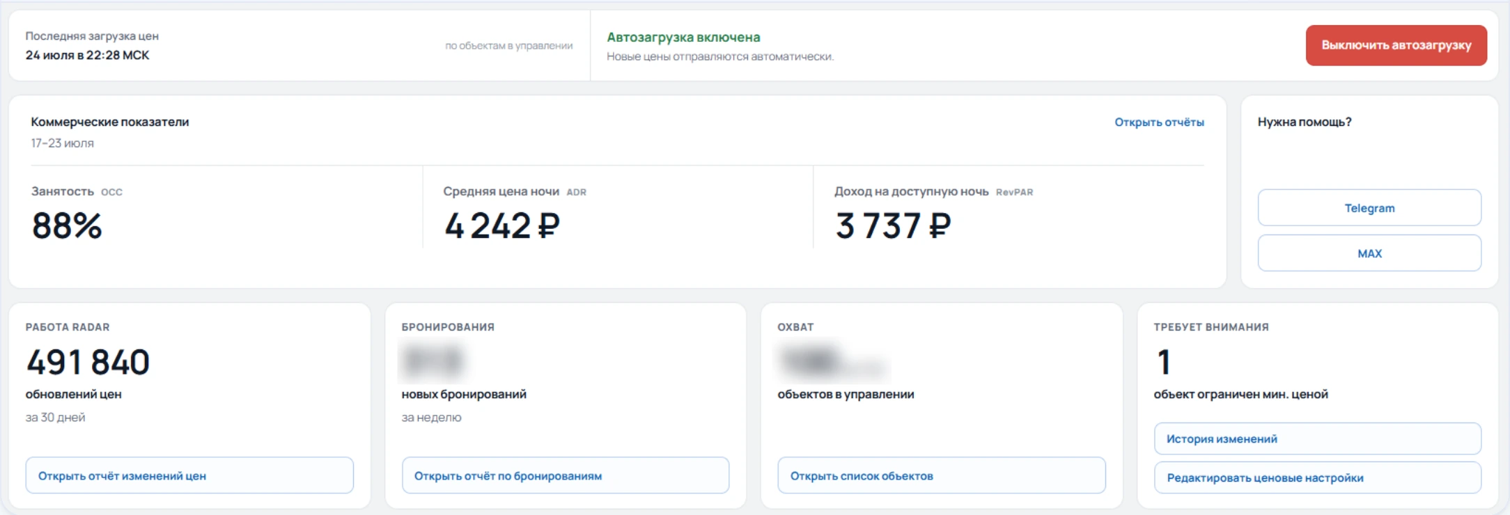 Главная портала: автозагрузка цен включена, занятость 88%, средняя цена ночи 4 242 ₽, RevPAR 3 737 ₽, 491 840 обновлений цен за 30 дней и объекты в управлении